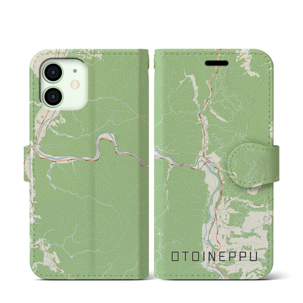 【音威子府(北海道)】地図柄iPhoneケース(手帳タイプ)ナチュラル・iPhone 12 mini 用