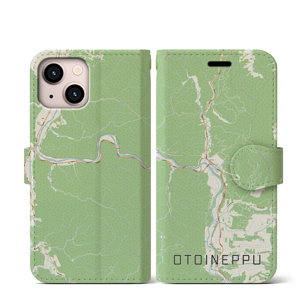 【音威子府(北海道)】地図柄iPhoneケース(手帳タイプ)ナチュラル・iPhone 13 mini 用