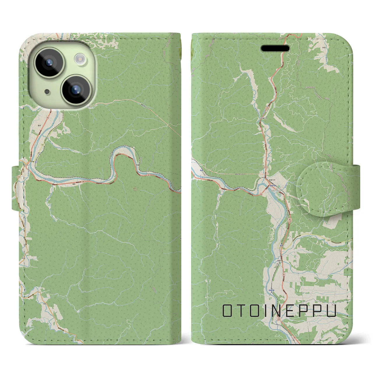 【音威子府(北海道)】地図柄iPhoneケース(手帳タイプ)ナチュラル・iPhone 15 用