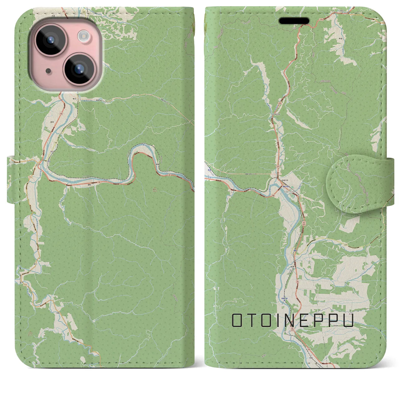 【音威子府(北海道)】地図柄iPhoneケース(手帳タイプ)ナチュラル・iPhone 15 Plus 用