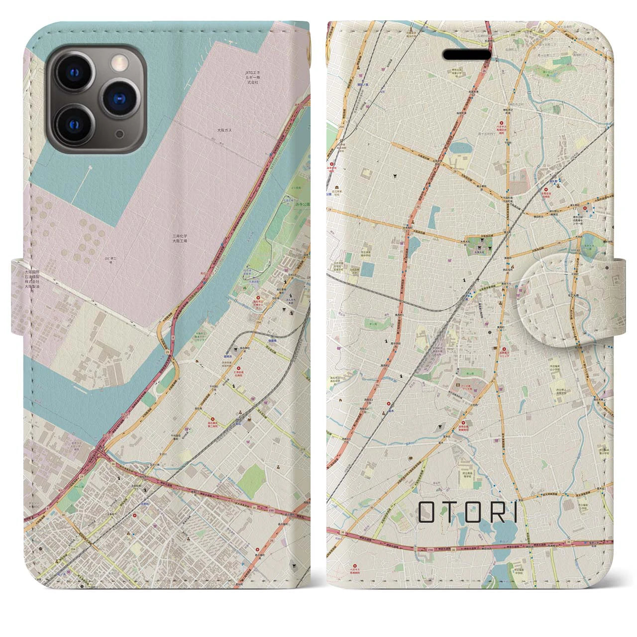【鳳(大阪府)】地図柄iPhoneケース(手帳タイプ)ナチュラル・iPhone 11 Pro Max 用