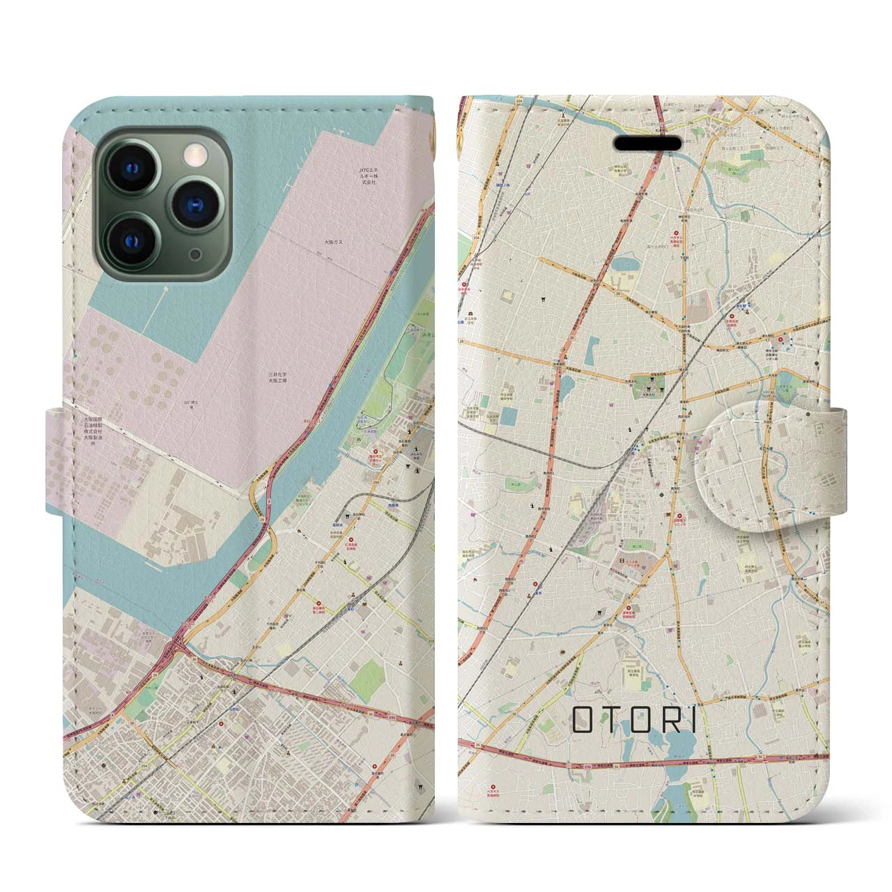 【鳳(大阪府)】地図柄iPhoneケース(手帳タイプ)ナチュラル・iPhone 11 Pro 用