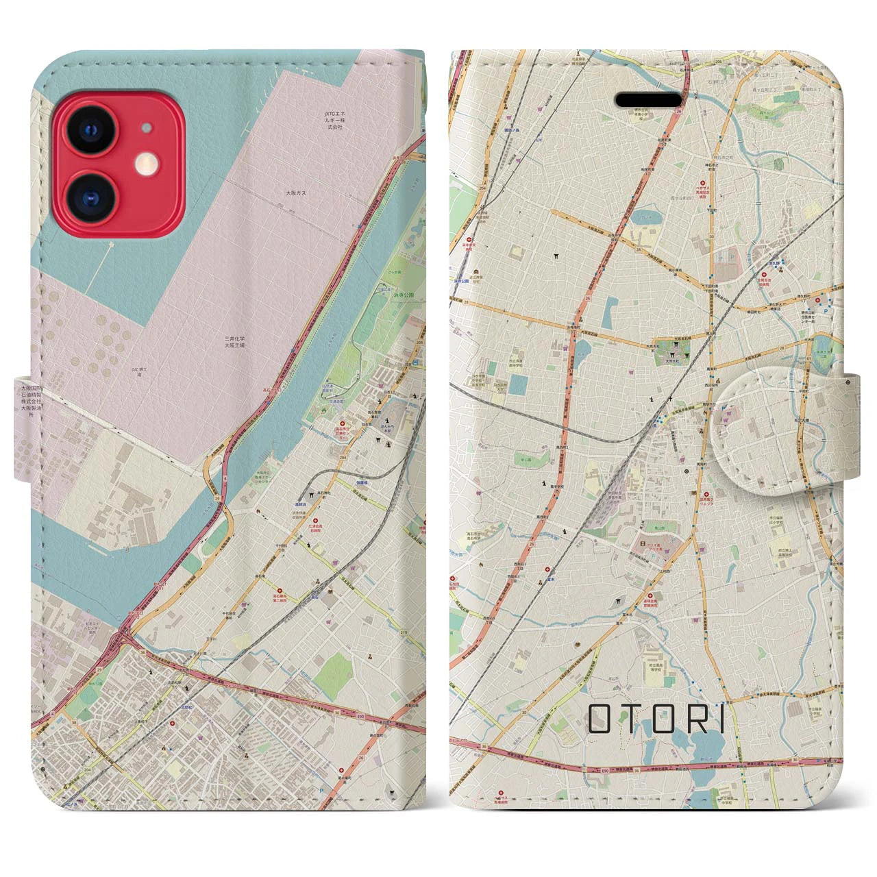 【鳳(大阪府)】地図柄iPhoneケース(手帳タイプ)ナチュラル・iPhone 11 用