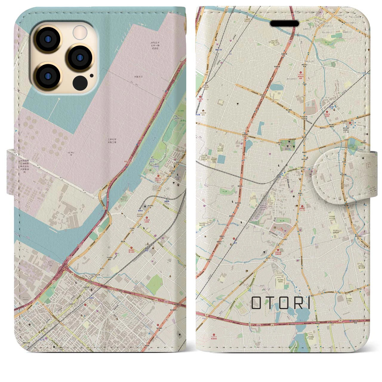 【鳳(大阪府)】地図柄iPhoneケース(手帳タイプ)ナチュラル・iPhone 12 Pro Max 用