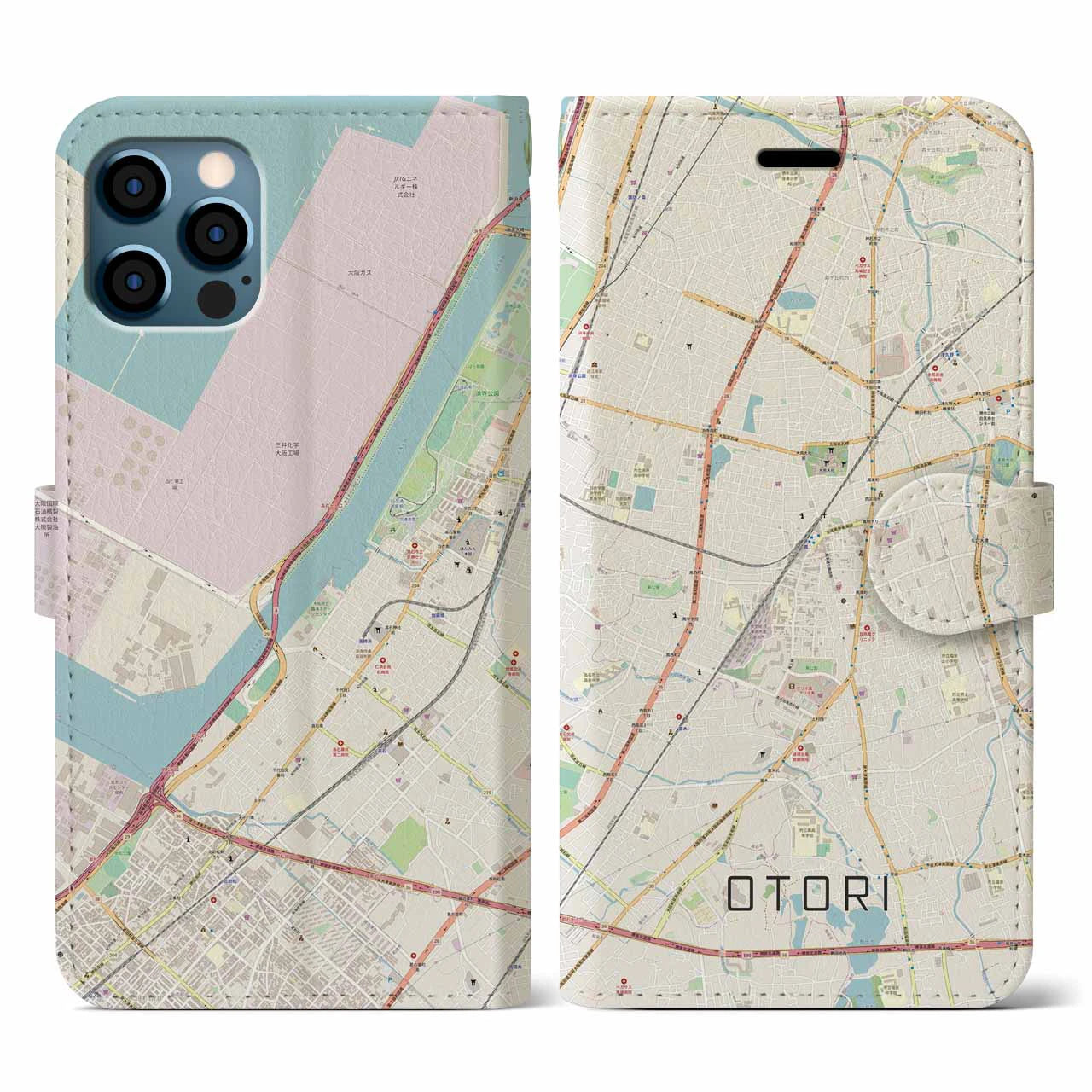 【鳳(大阪府)】地図柄iPhoneケース(手帳タイプ)ナチュラル・iPhone 12 / 12 Pro 用