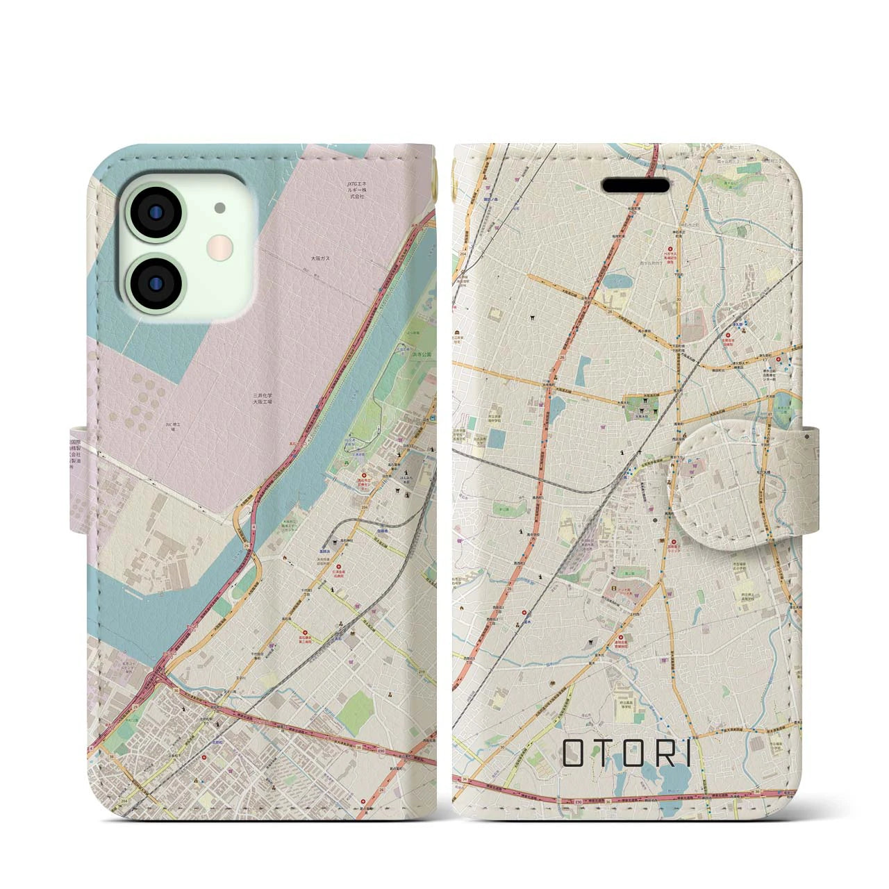 【鳳(大阪府)】地図柄iPhoneケース(手帳タイプ)ナチュラル・iPhone 12 mini 用