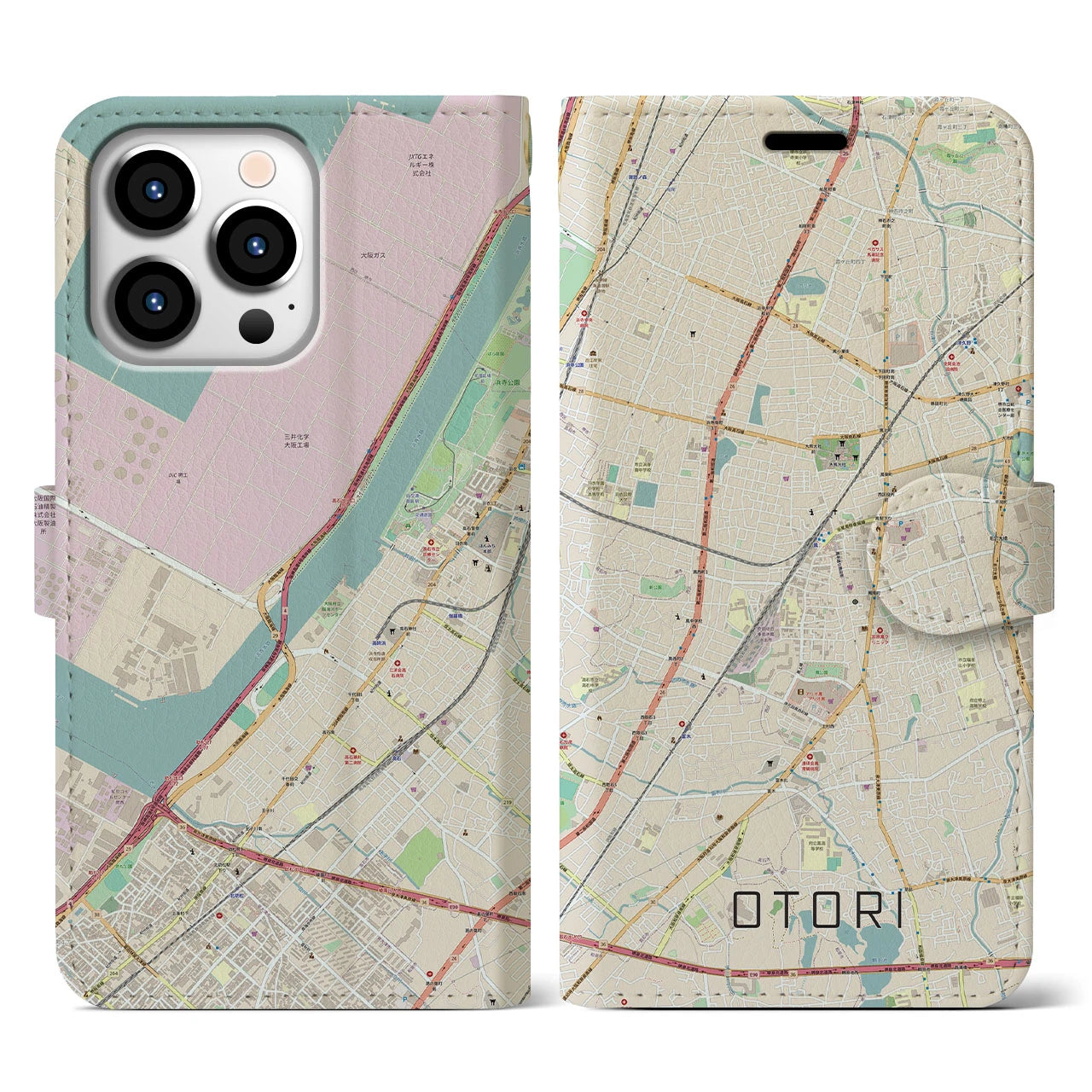 【鳳(大阪府)】地図柄iPhoneケース(手帳タイプ)ナチュラル・iPhone 13 Pro 用