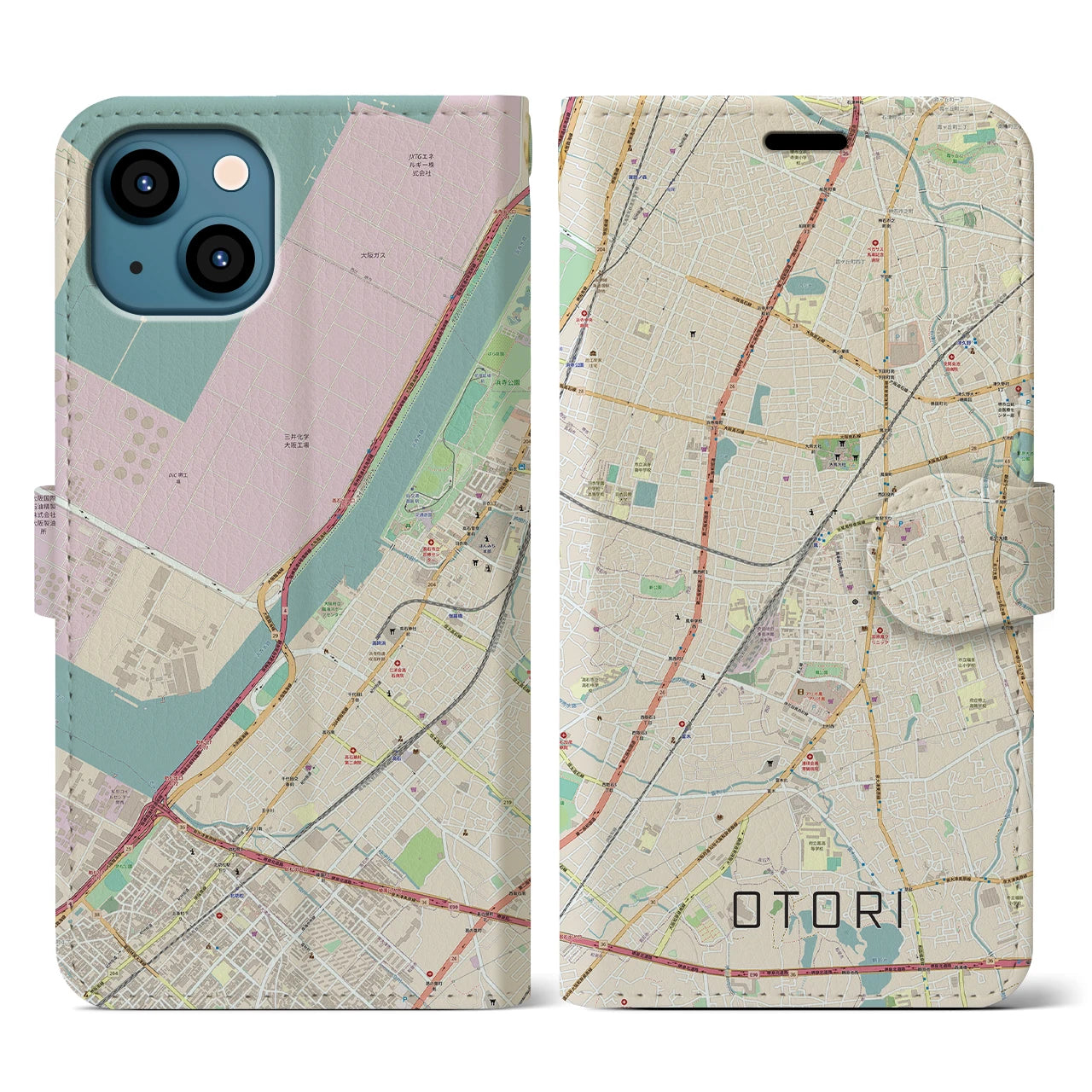 【鳳(大阪府)】地図柄iPhoneケース(手帳タイプ)ナチュラル・iPhone 13 用