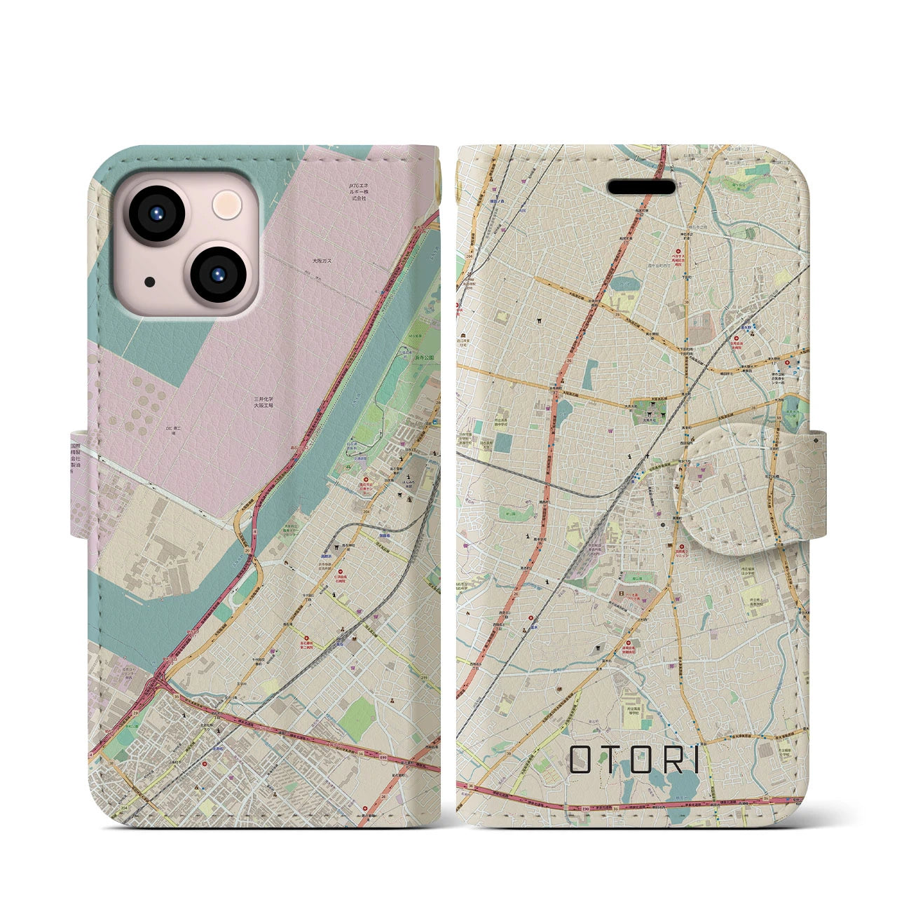 【鳳(大阪府)】地図柄iPhoneケース(手帳タイプ)ナチュラル・iPhone 13 mini 用