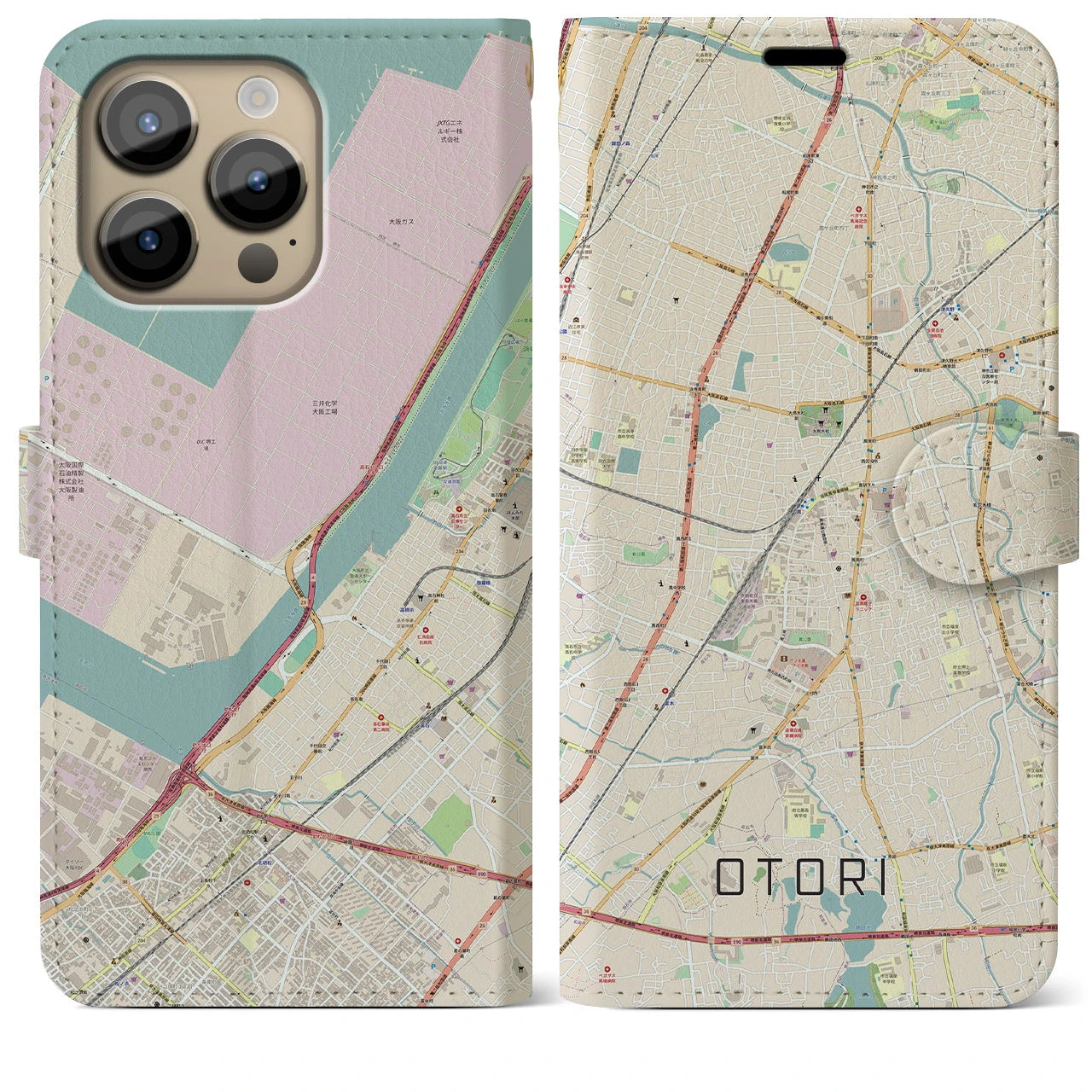 【鳳(大阪府)】地図柄iPhoneケース(手帳タイプ)ナチュラル・iPhone 14 Pro Max 用