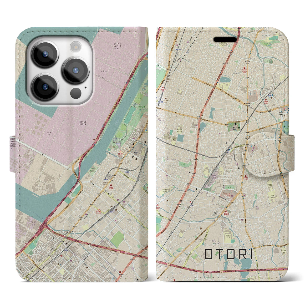 【鳳(大阪府)】地図柄iPhoneケース(手帳タイプ)ナチュラル・iPhone 14 Pro 用