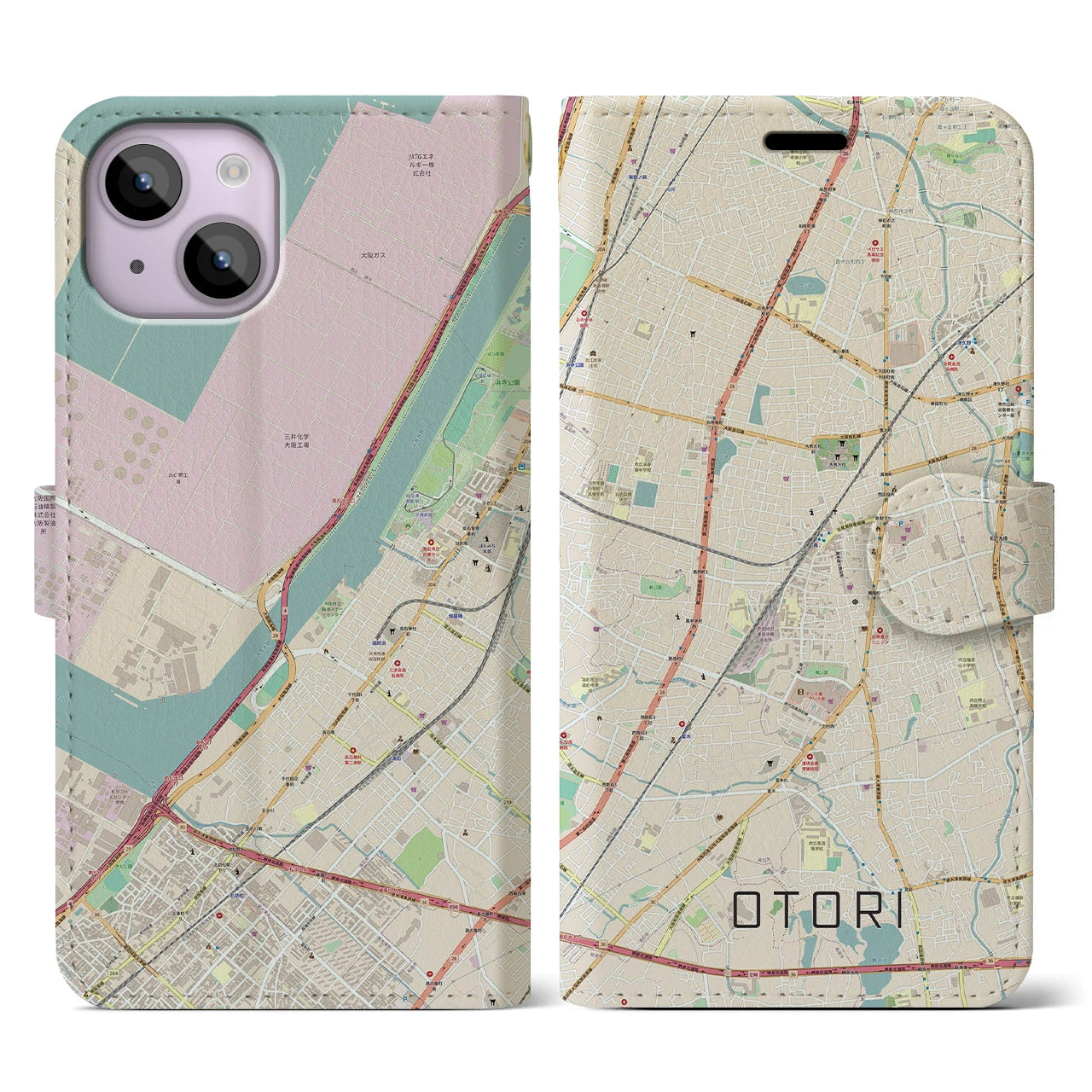 【鳳(大阪府)】地図柄iPhoneケース(手帳タイプ)ナチュラル・iPhone 14 用