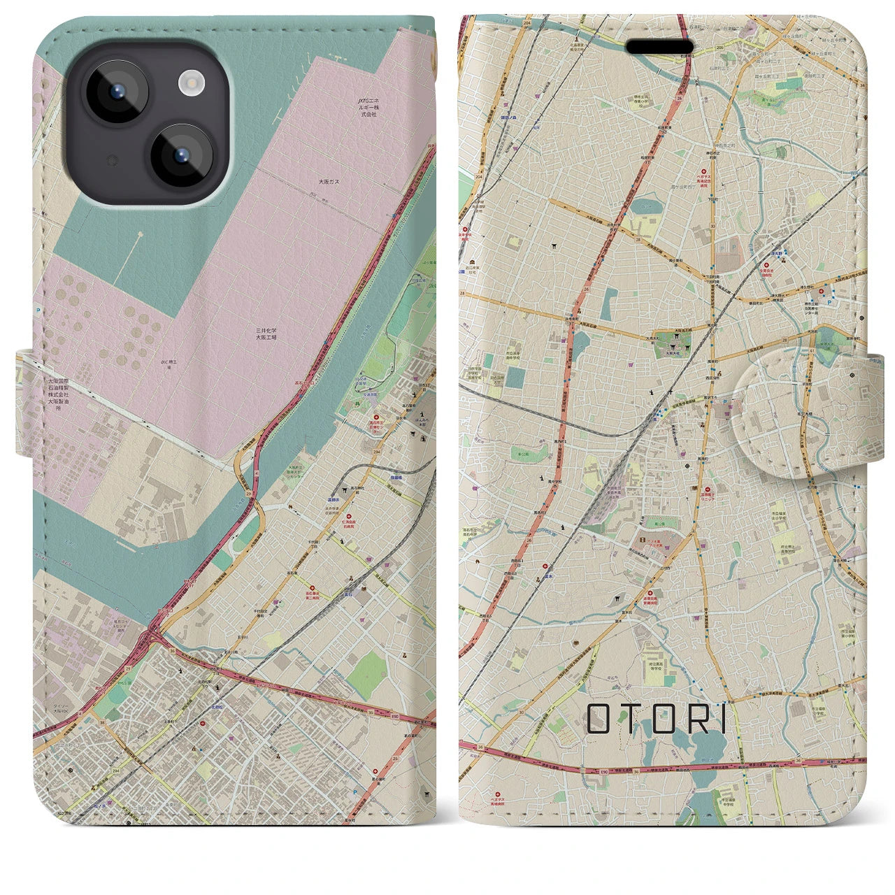 【鳳(大阪府)】地図柄iPhoneケース(手帳タイプ)ナチュラル・iPhone 14 Plus 用