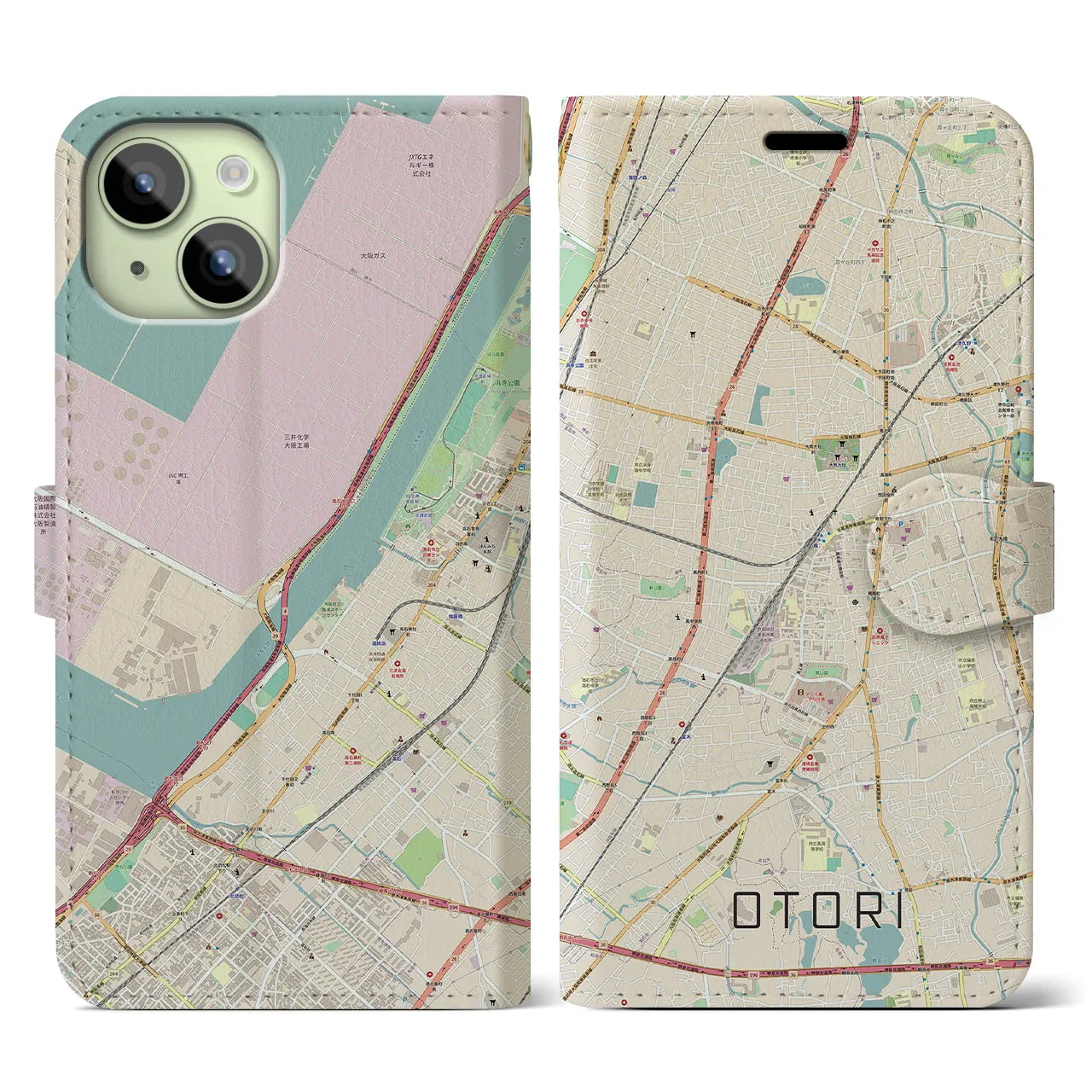 【鳳(大阪府)】地図柄iPhoneケース(手帳タイプ)ナチュラル・iPhone 15 用