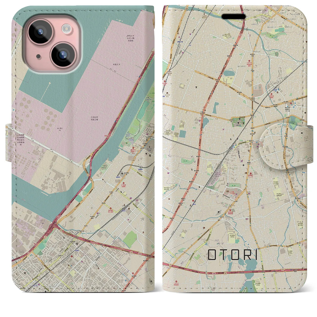 【鳳(大阪府)】地図柄iPhoneケース(手帳タイプ)ナチュラル・iPhone 15 Plus 用