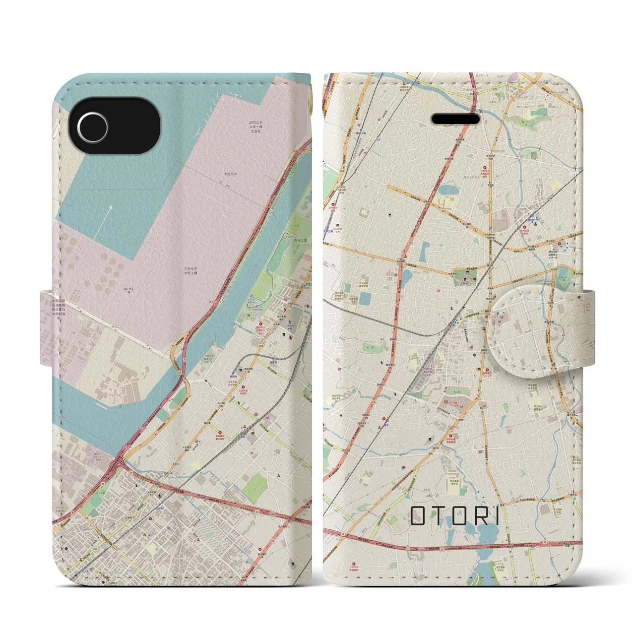 【鳳(大阪府)】地図柄iPhoneケース(手帳タイプ)ナチュラル・iPhone SE(第3 / 第2世代) / 8 / 7 / 6s / 6 用