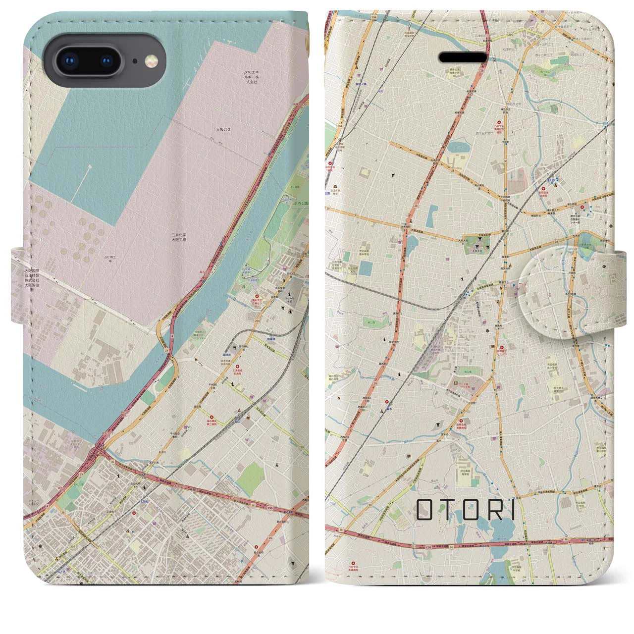 【鳳(大阪府)】地図柄iPhoneケース(手帳タイプ)ナチュラル・iPhone 8Plus /7Plus / 6sPlus / 6Plus 用