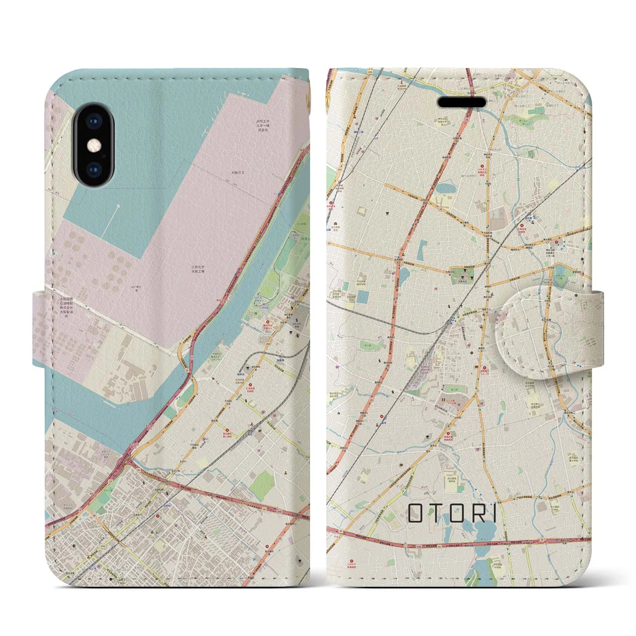 【鳳(大阪府)】地図柄iPhoneケース(手帳タイプ)ナチュラル・iPhone XS / X 用
