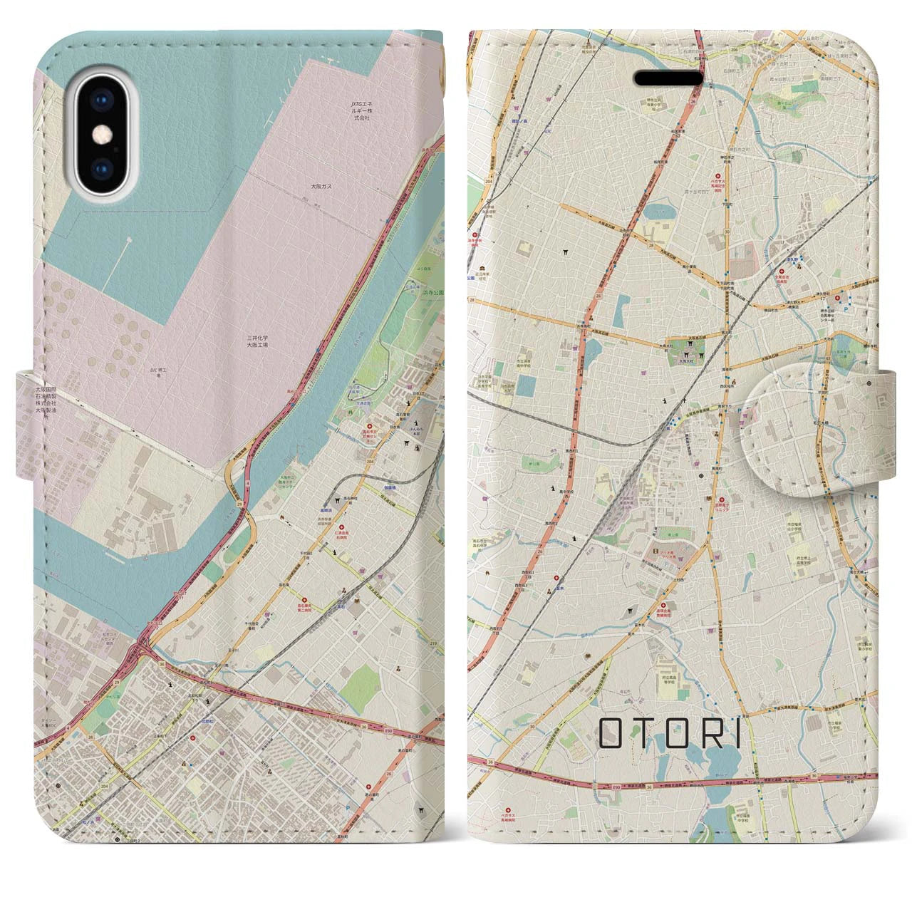 【鳳(大阪府)】地図柄iPhoneケース(手帳タイプ)ナチュラル・iPhone XS Max 用