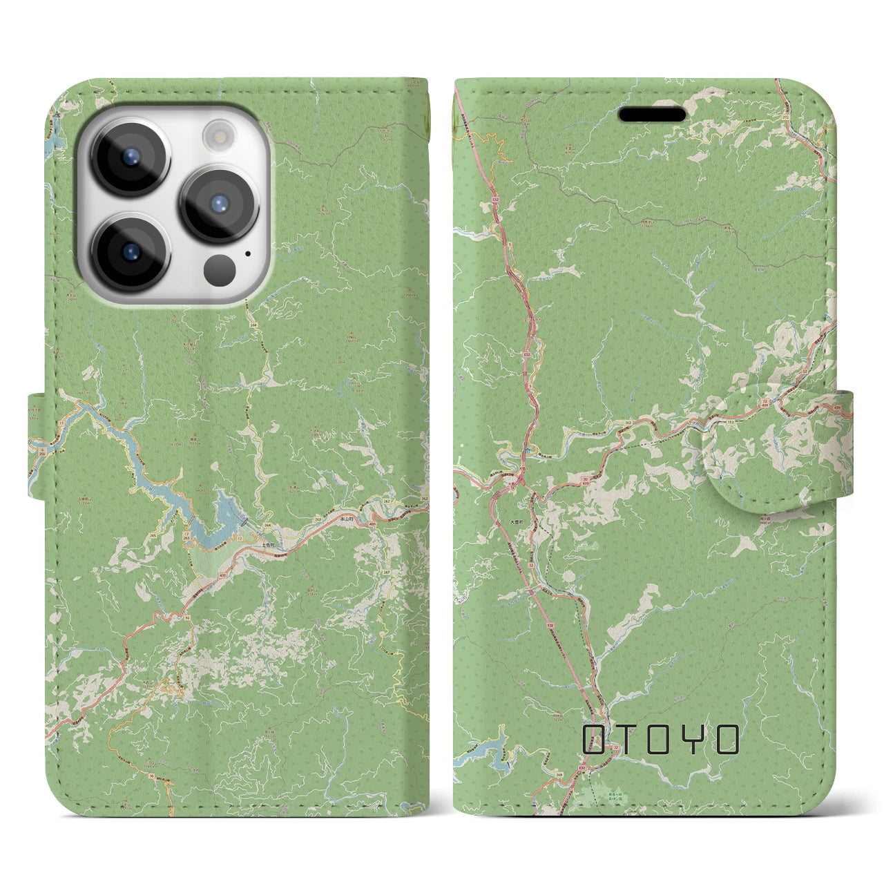 【大豊(高知県)】地図柄iPhoneケース(手帳タイプ)ナチュラル・iPhone 14 Pro 用