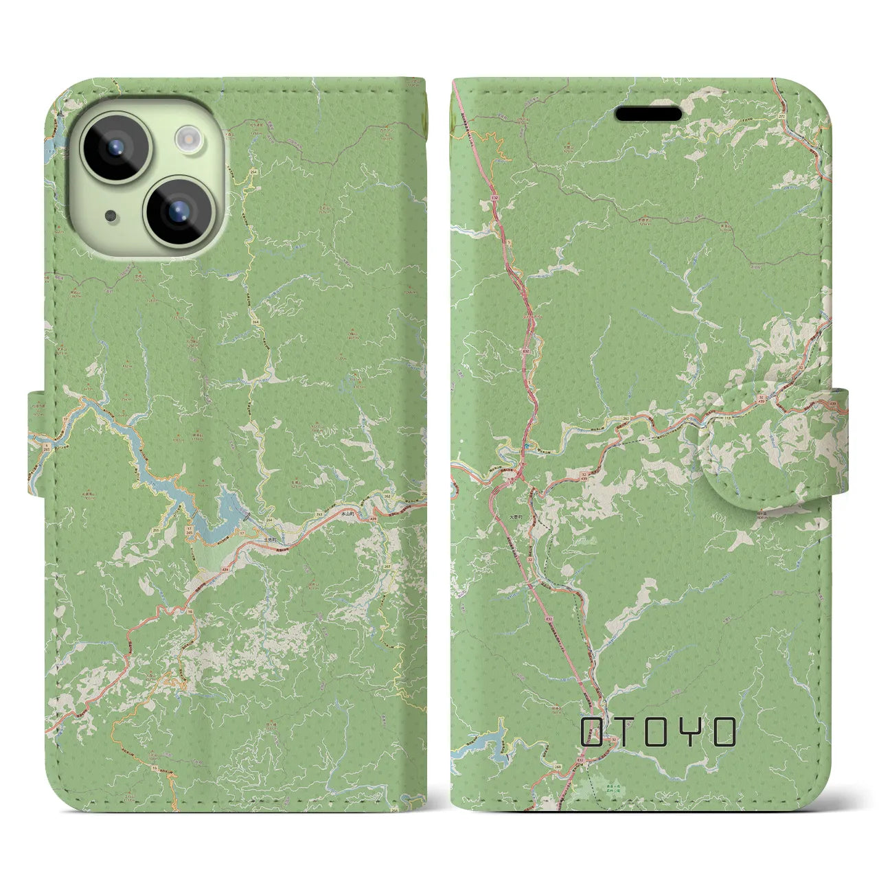 【大豊(高知県)】地図柄iPhoneケース(手帳タイプ)ナチュラル・iPhone 15 用