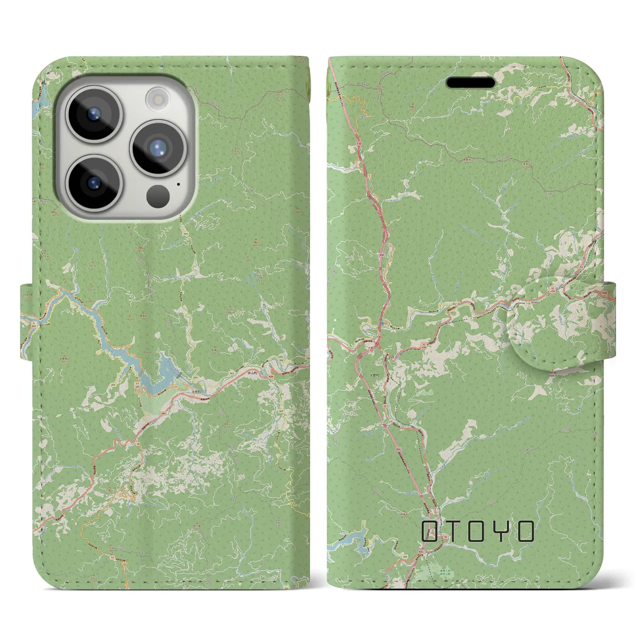 【大豊(高知県)】地図柄iPhoneケース(手帳タイプ)ナチュラル・iPhone 15 Pro 用