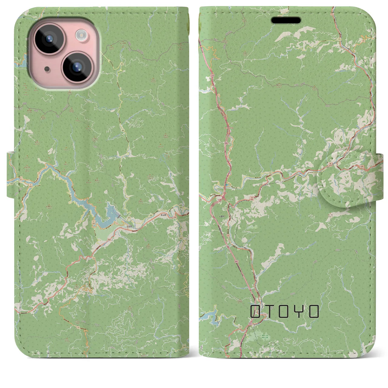 【大豊(高知県)】地図柄iPhoneケース(手帳タイプ)ナチュラル・iPhone 15 Plus 用