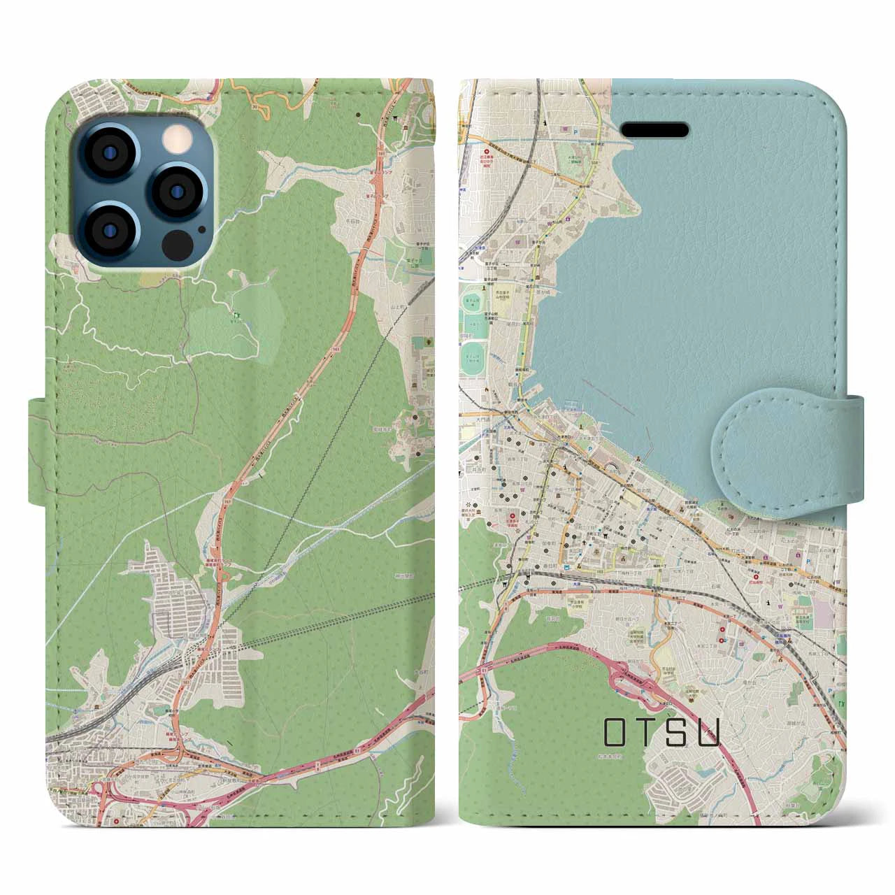【大津(滋賀県)】地図柄iPhoneケース(手帳タイプ)ナチュラル・iPhone 12 / 12 Pro 用