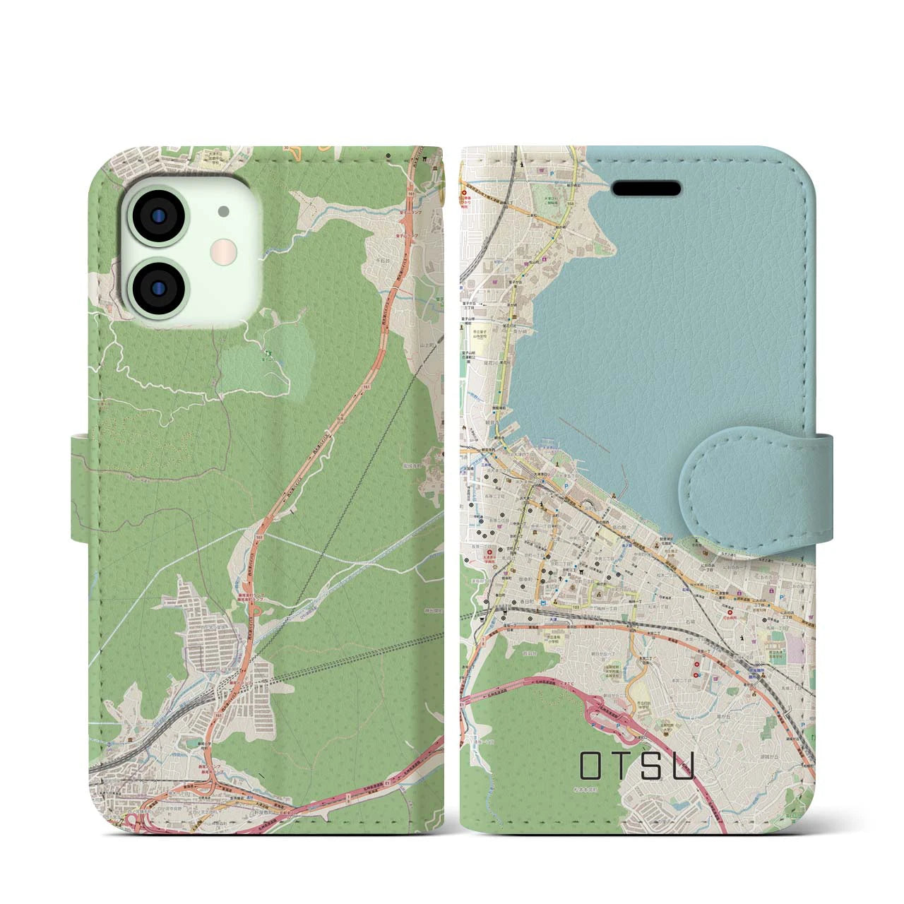 【大津(滋賀県)】地図柄iPhoneケース(手帳タイプ)ナチュラル・iPhone 12 mini 用