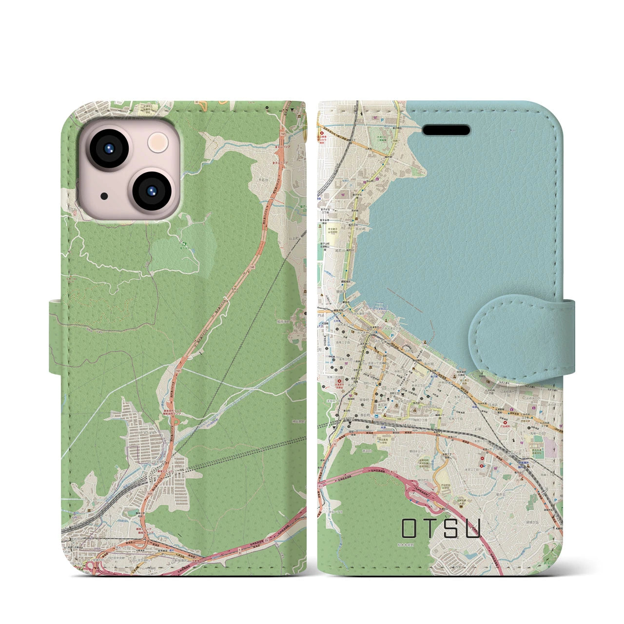 【大津(滋賀県)】地図柄iPhoneケース(手帳タイプ)ナチュラル・iPhone 13 mini 用