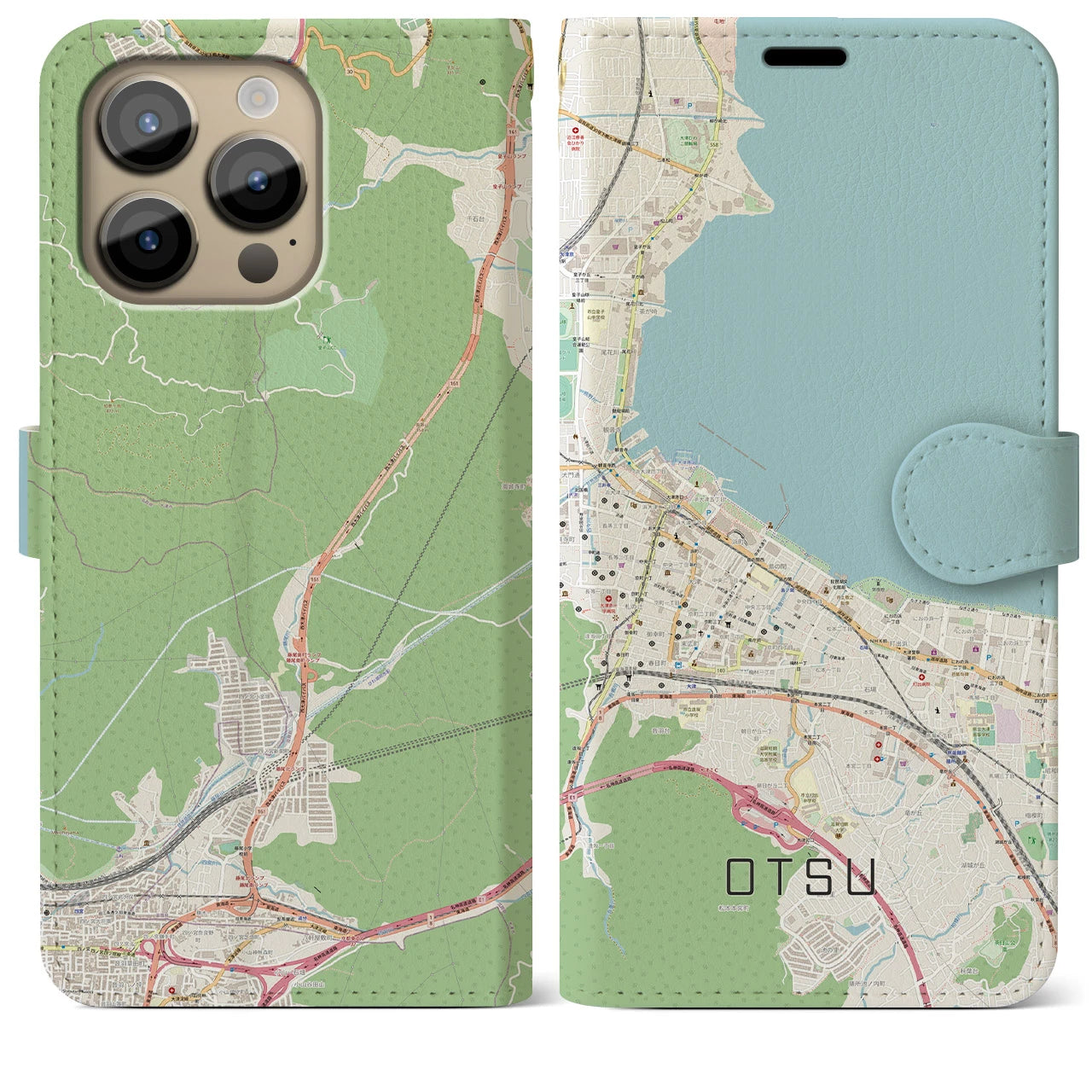 【大津(滋賀県)】地図柄iPhoneケース(手帳タイプ)ナチュラル・iPhone 14 Pro Max 用