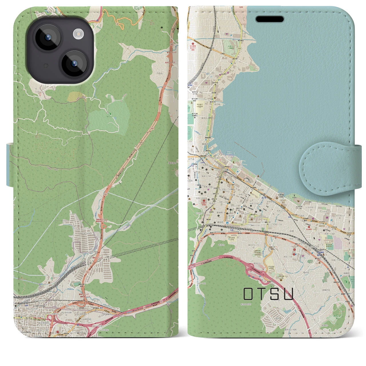 【大津(滋賀県)】地図柄iPhoneケース(手帳タイプ)ナチュラル・iPhone 14 Plus 用
