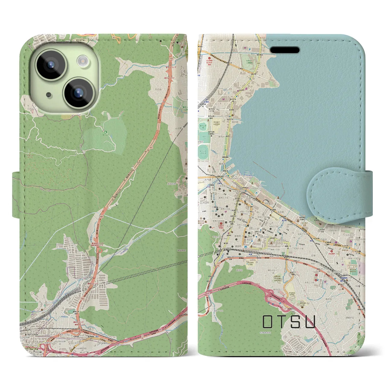 【大津(滋賀県)】地図柄iPhoneケース(手帳タイプ)ナチュラル・iPhone 15 用