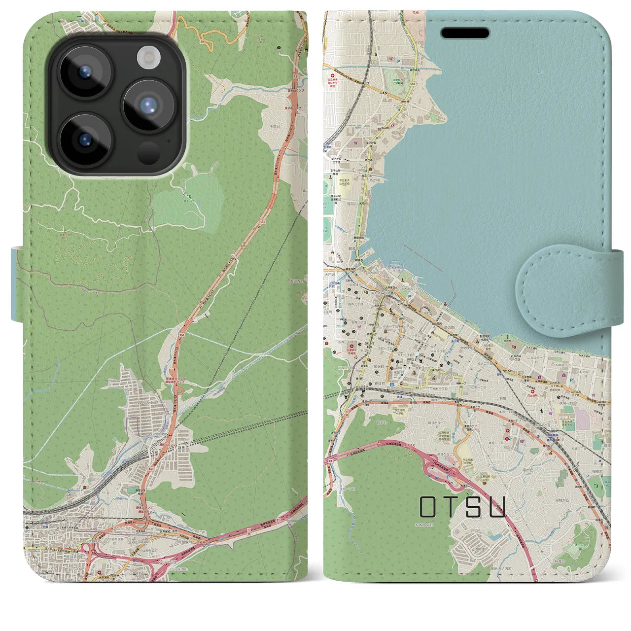 【大津(滋賀県)】地図柄iPhoneケース(手帳タイプ)ナチュラル・iPhone 15 Pro Max 用