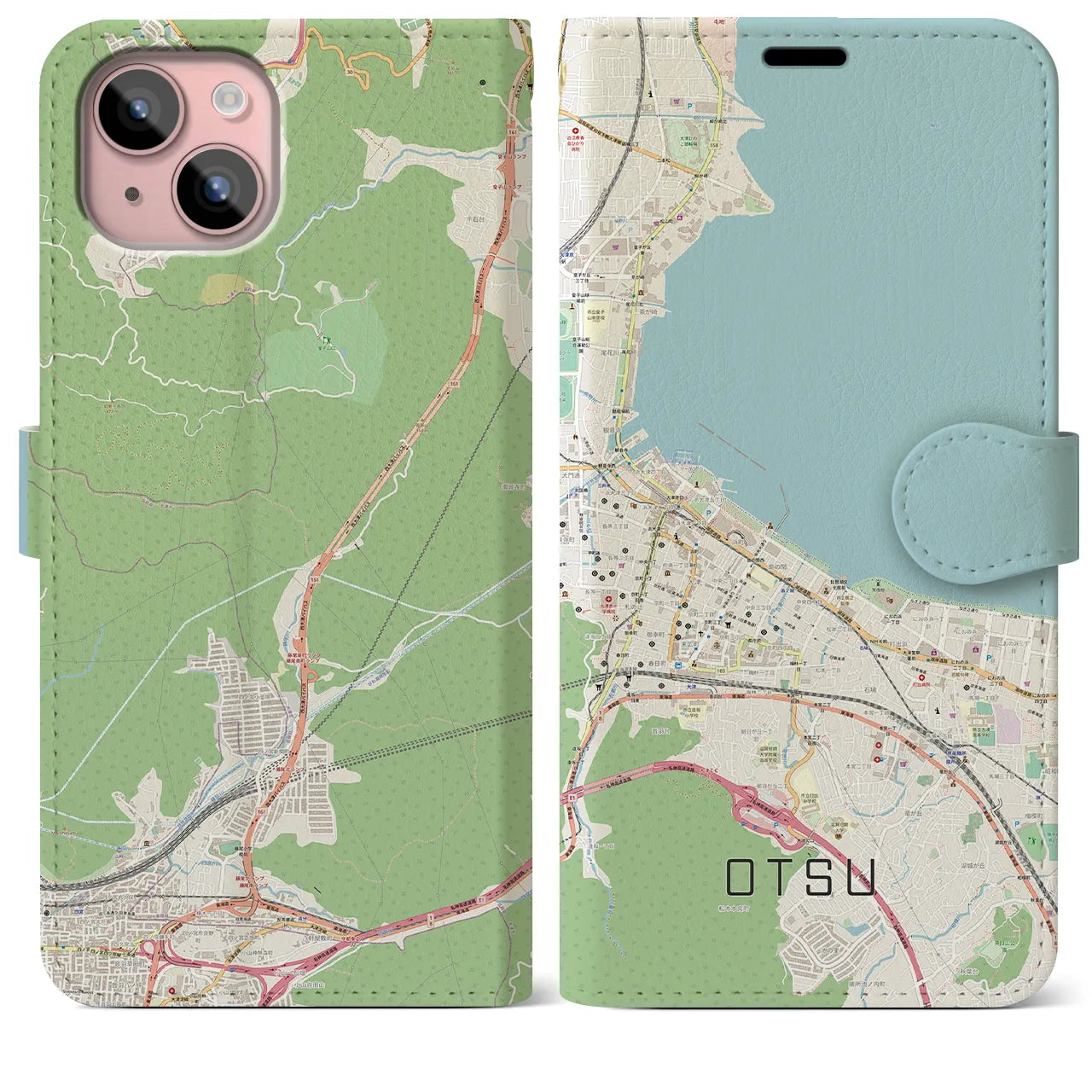 【大津(滋賀県)】地図柄iPhoneケース(手帳タイプ)ナチュラル・iPhone 15 Plus 用