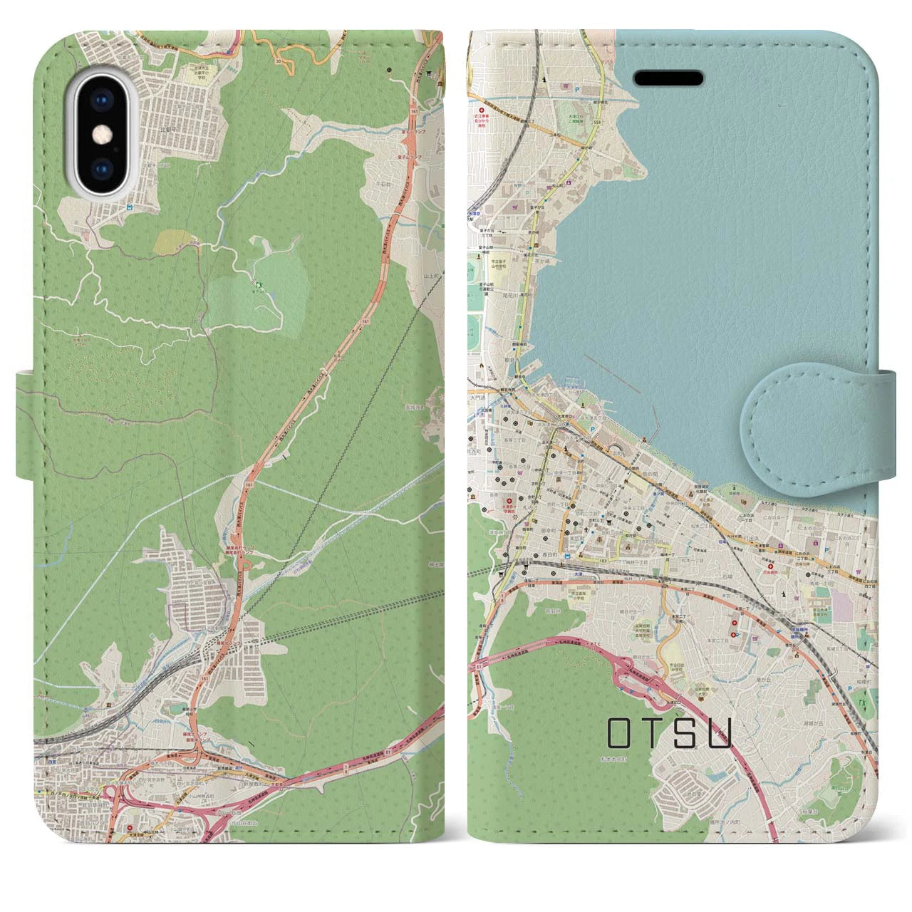 【大津(滋賀県)】地図柄iPhoneケース(手帳タイプ)ナチュラル・iPhone XS Max 用