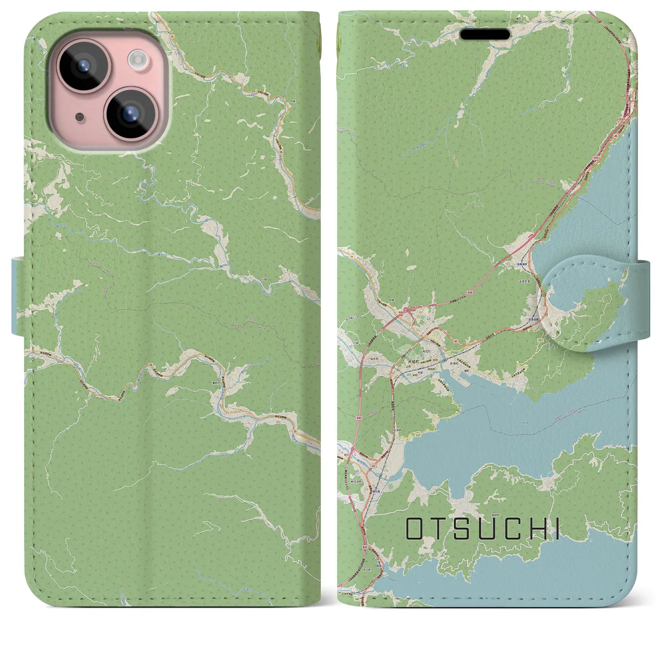 【大槌(岩手県)】地図柄iPhoneケース(手帳タイプ)ナチュラル・iPhone 15 Plus 用