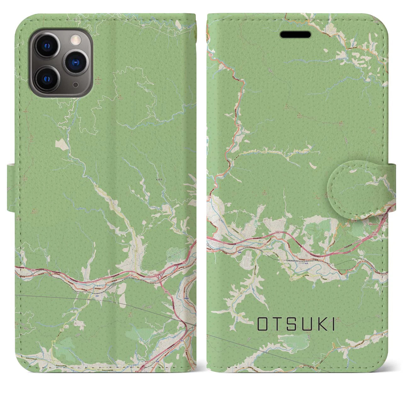 【大月(山梨県)】地図柄iPhoneケース(手帳タイプ)ナチュラル・iPhone 11 Pro Max 用
