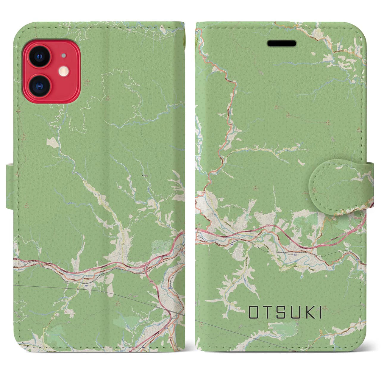 【大月(山梨県)】地図柄iPhoneケース(手帳タイプ)ナチュラル・iPhone 11 用