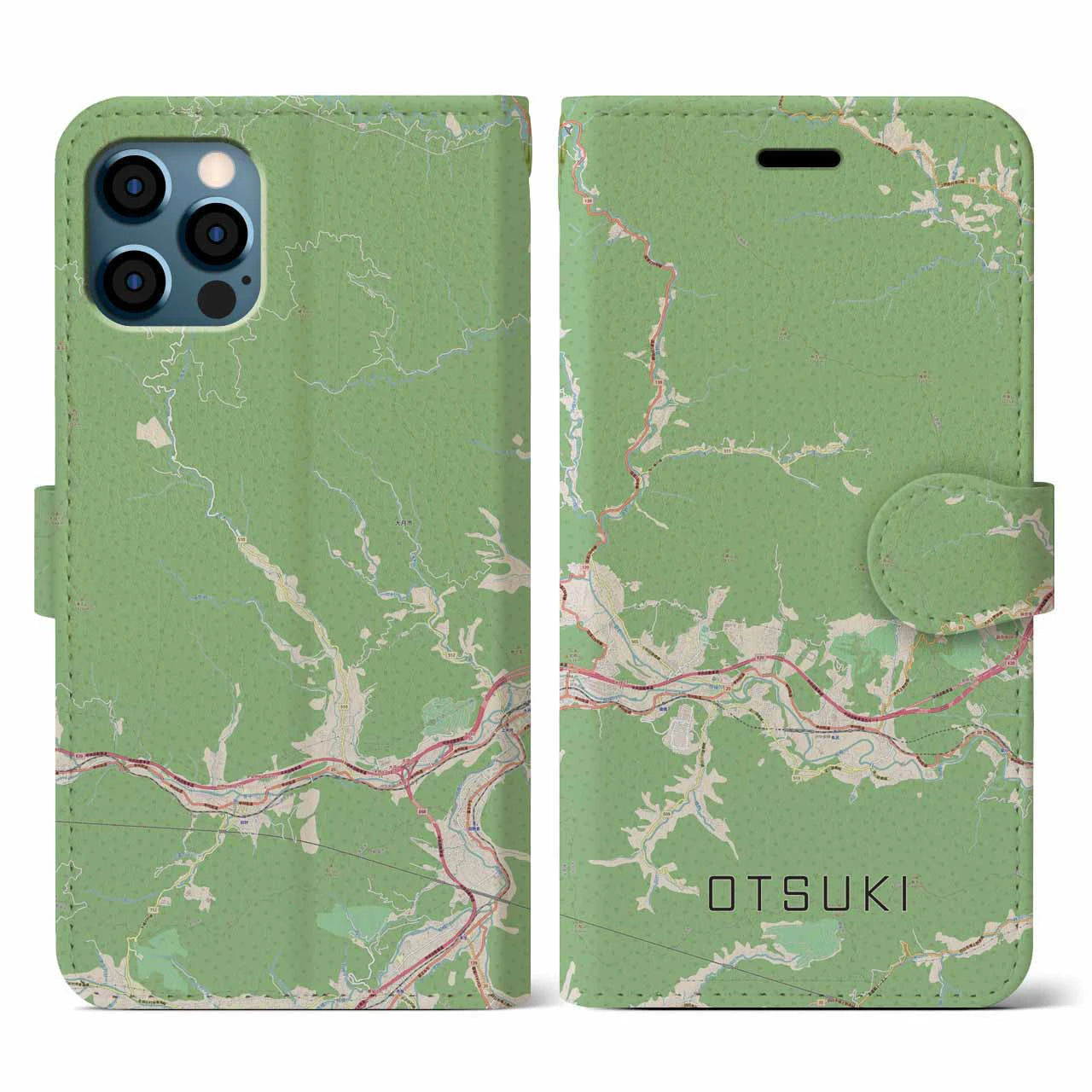 【大月(山梨県)】地図柄iPhoneケース(手帳タイプ)ナチュラル・iPhone 12 / 12 Pro 用