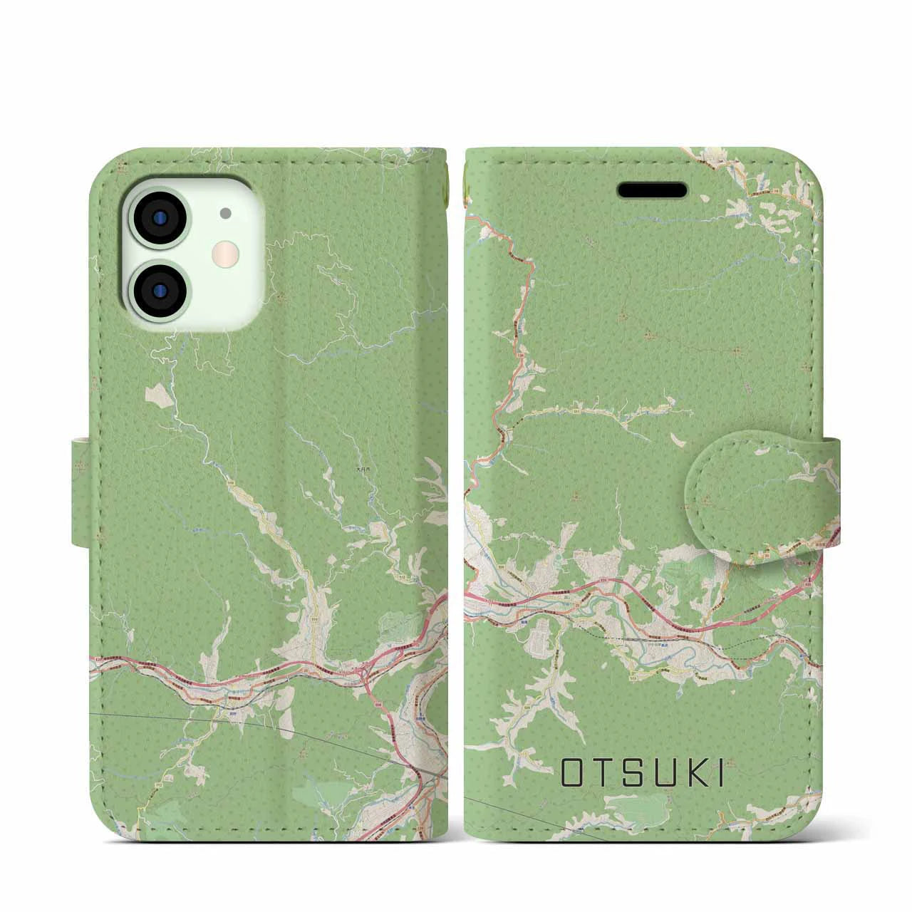 【大月(山梨県)】地図柄iPhoneケース(手帳タイプ)ナチュラル・iPhone 12 mini 用