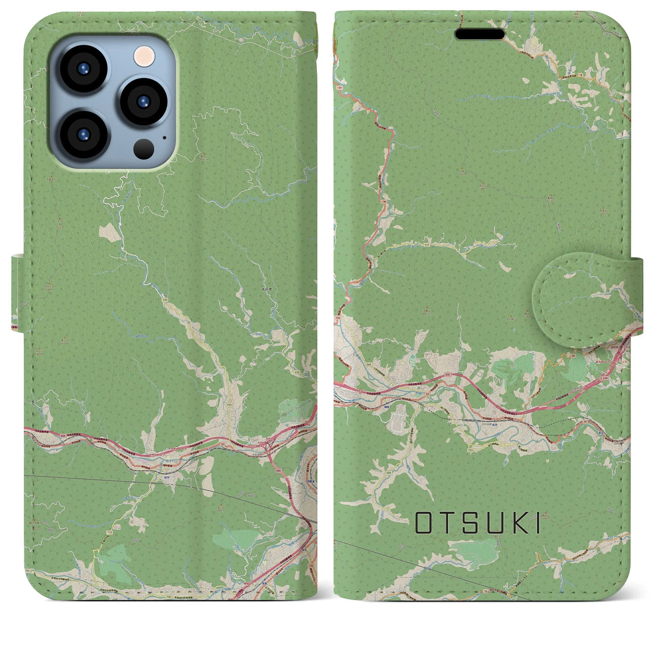【大月(山梨県)】地図柄iPhoneケース(手帳タイプ)ナチュラル・iPhone 13 Pro Max 用