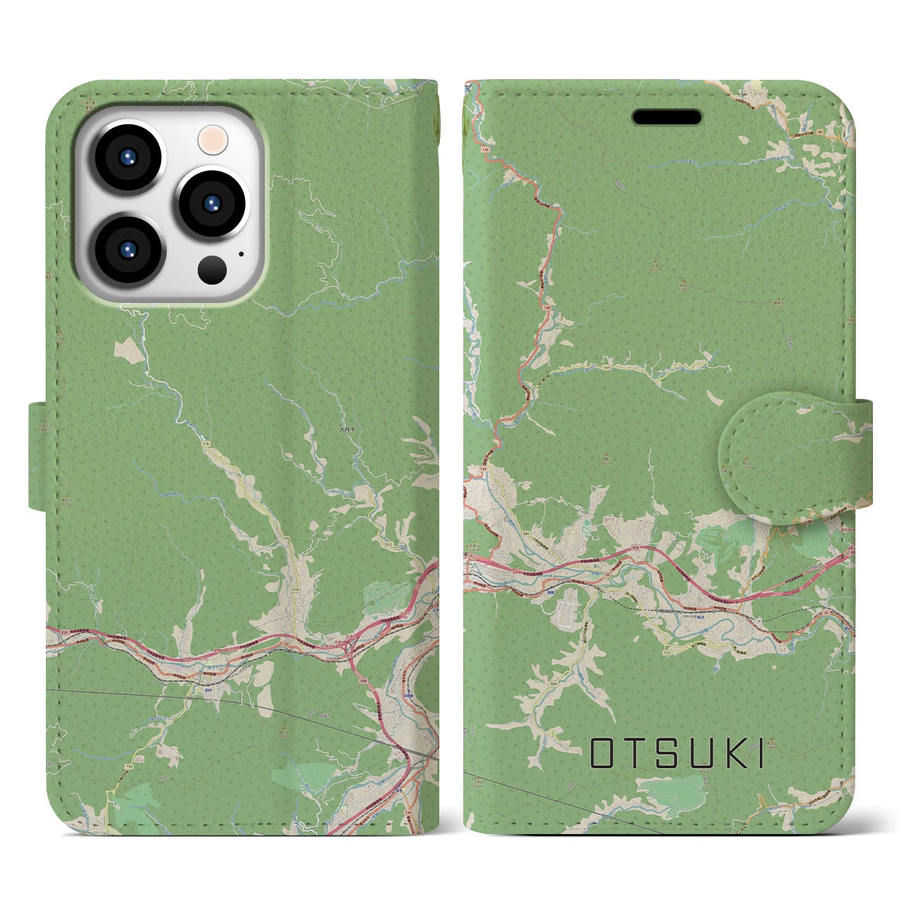 【大月(山梨県)】地図柄iPhoneケース(手帳タイプ)ナチュラル・iPhone 13 Pro 用