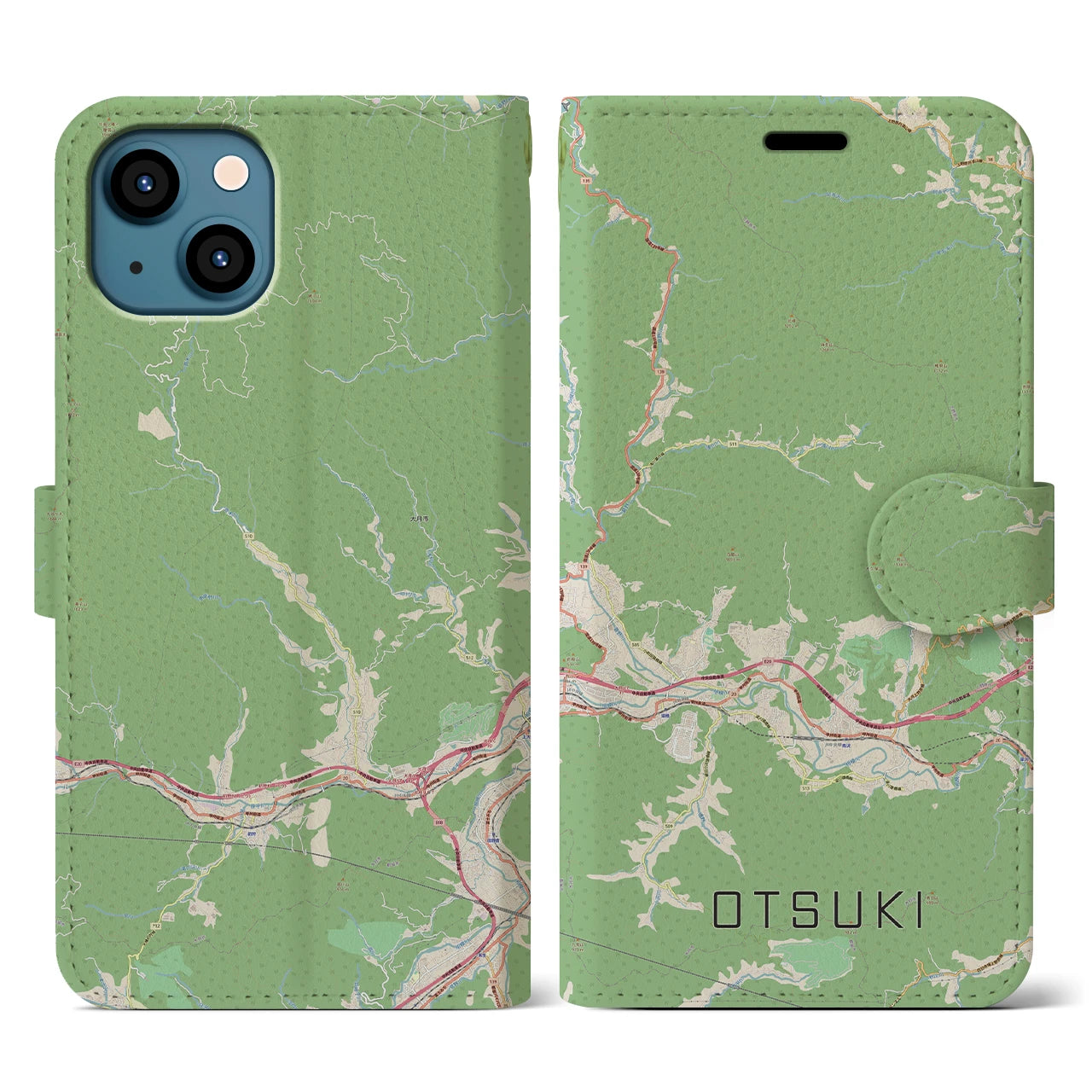【大月(山梨県)】地図柄iPhoneケース(手帳タイプ)ナチュラル・iPhone 13 用