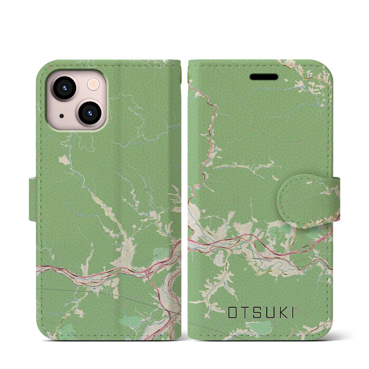 【大月(山梨県)】地図柄iPhoneケース(手帳タイプ)ナチュラル・iPhone 13 mini 用