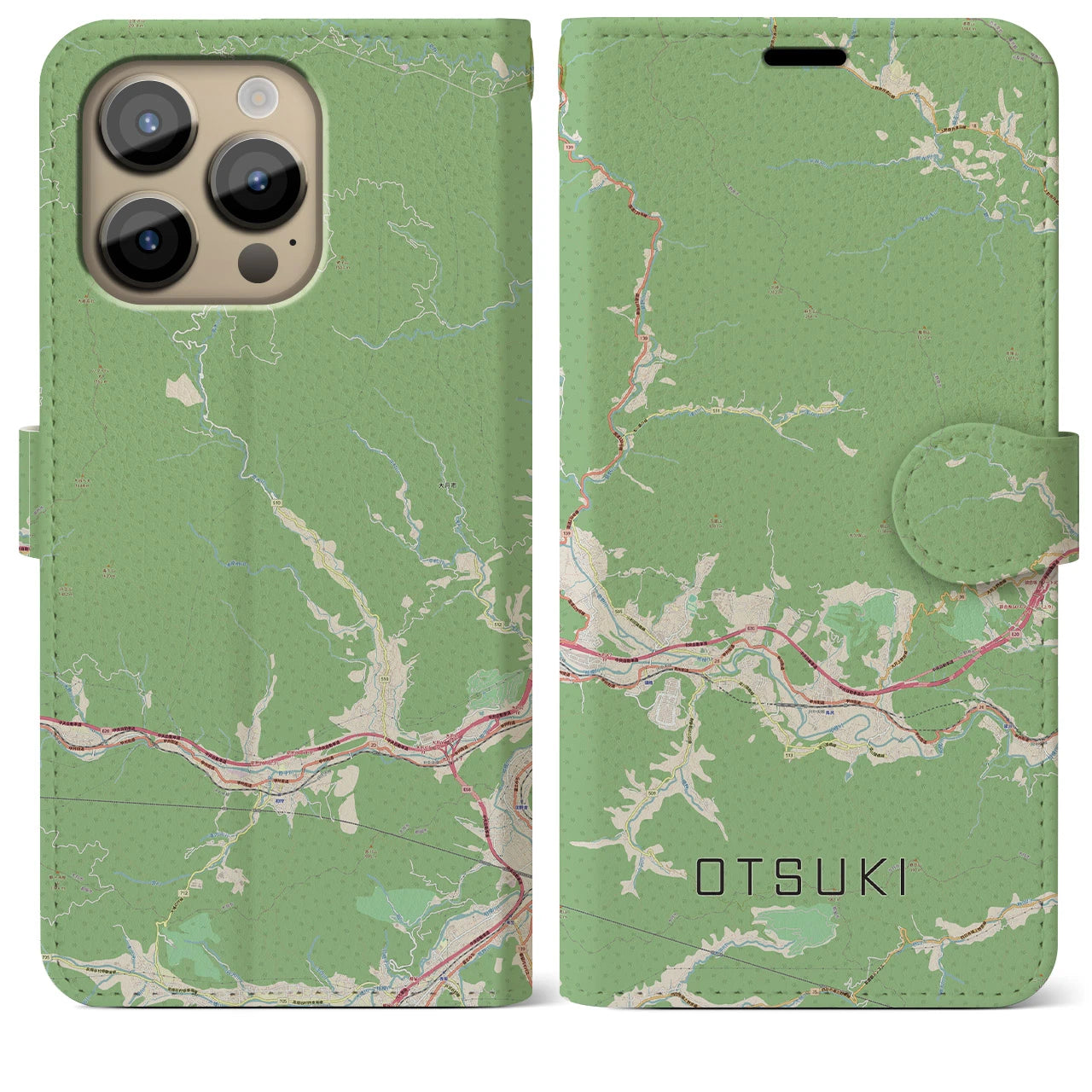 【大月(山梨県)】地図柄iPhoneケース(手帳タイプ)ナチュラル・iPhone 14 Pro Max 用