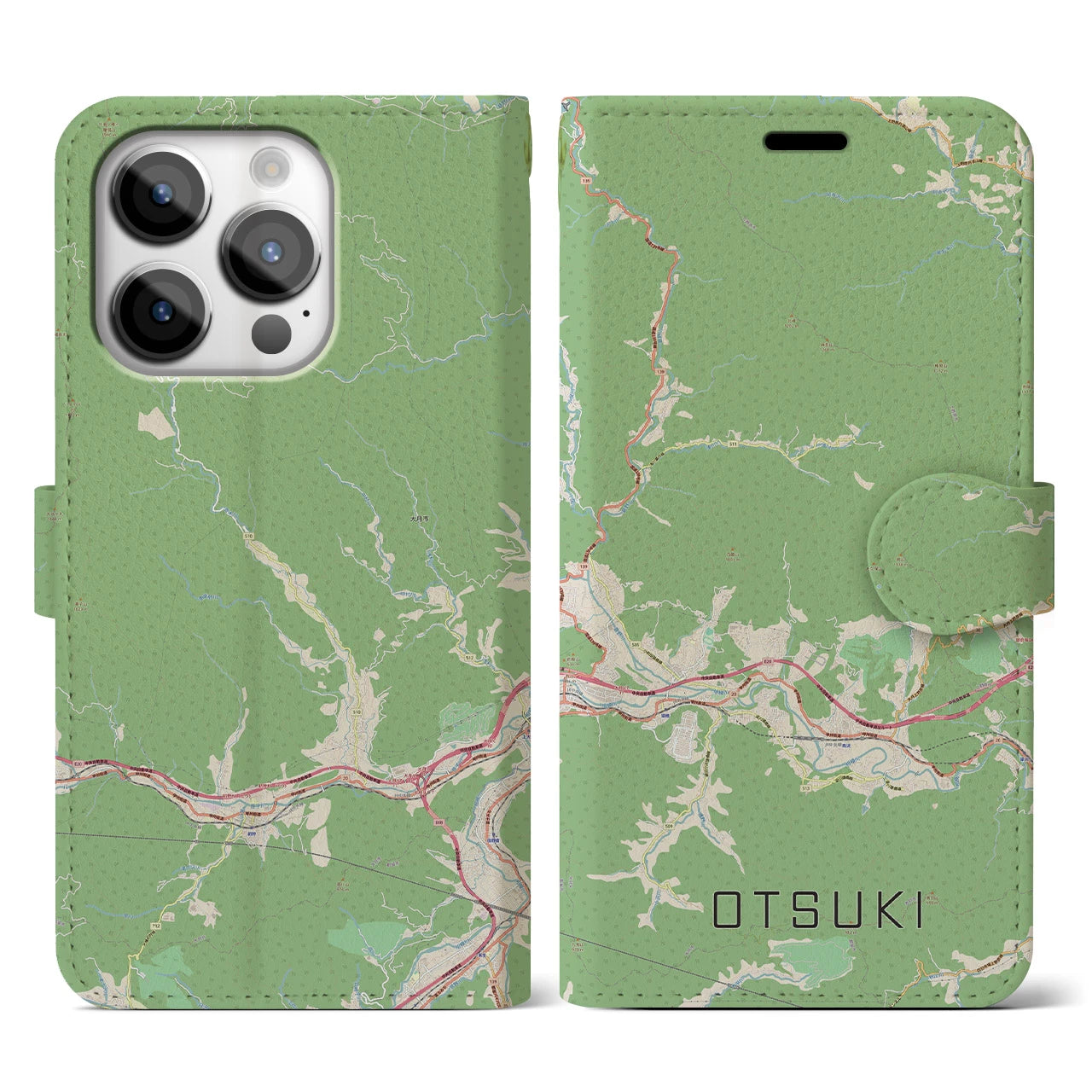 【大月(山梨県)】地図柄iPhoneケース(手帳タイプ)ナチュラル・iPhone 14 Pro 用