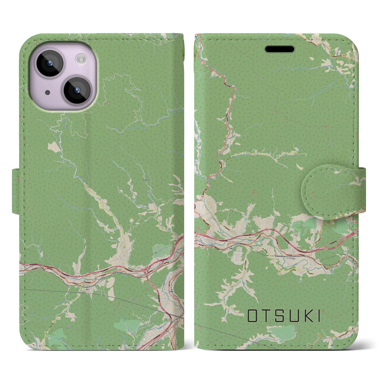 【大月(山梨県)】地図柄iPhoneケース(手帳タイプ)ナチュラル・iPhone 14 用