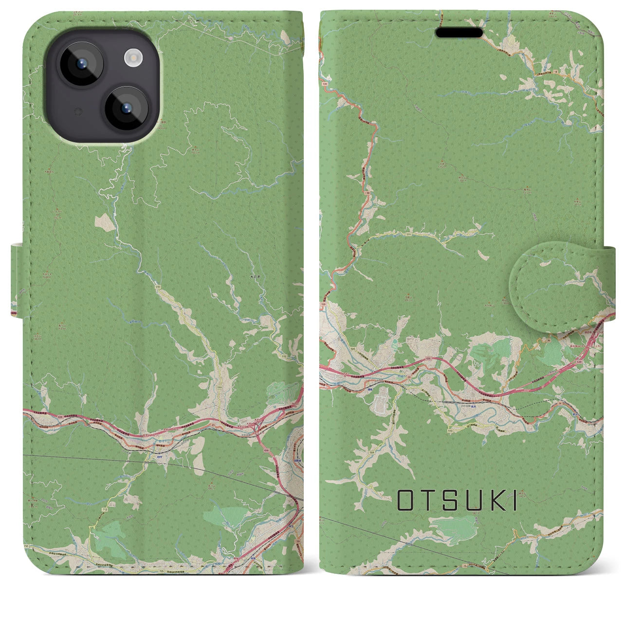 【大月(山梨県)】地図柄iPhoneケース(手帳タイプ)ナチュラル・iPhone 14 Plus 用