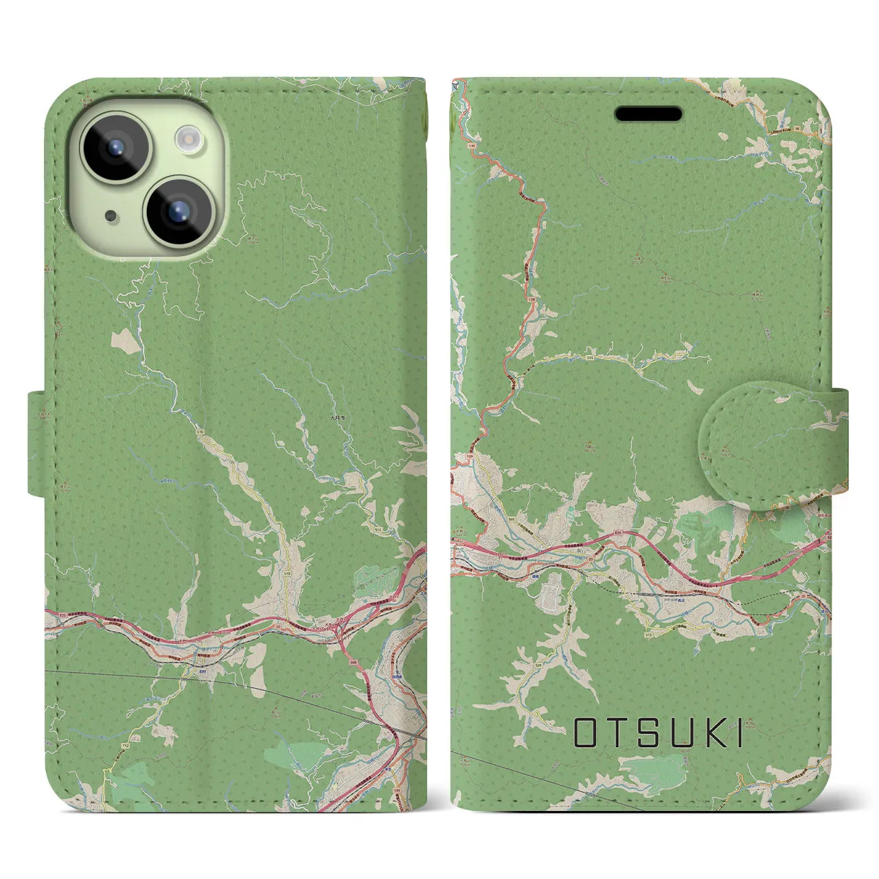 【大月(山梨県)】地図柄iPhoneケース(手帳タイプ)ナチュラル・iPhone 15 用